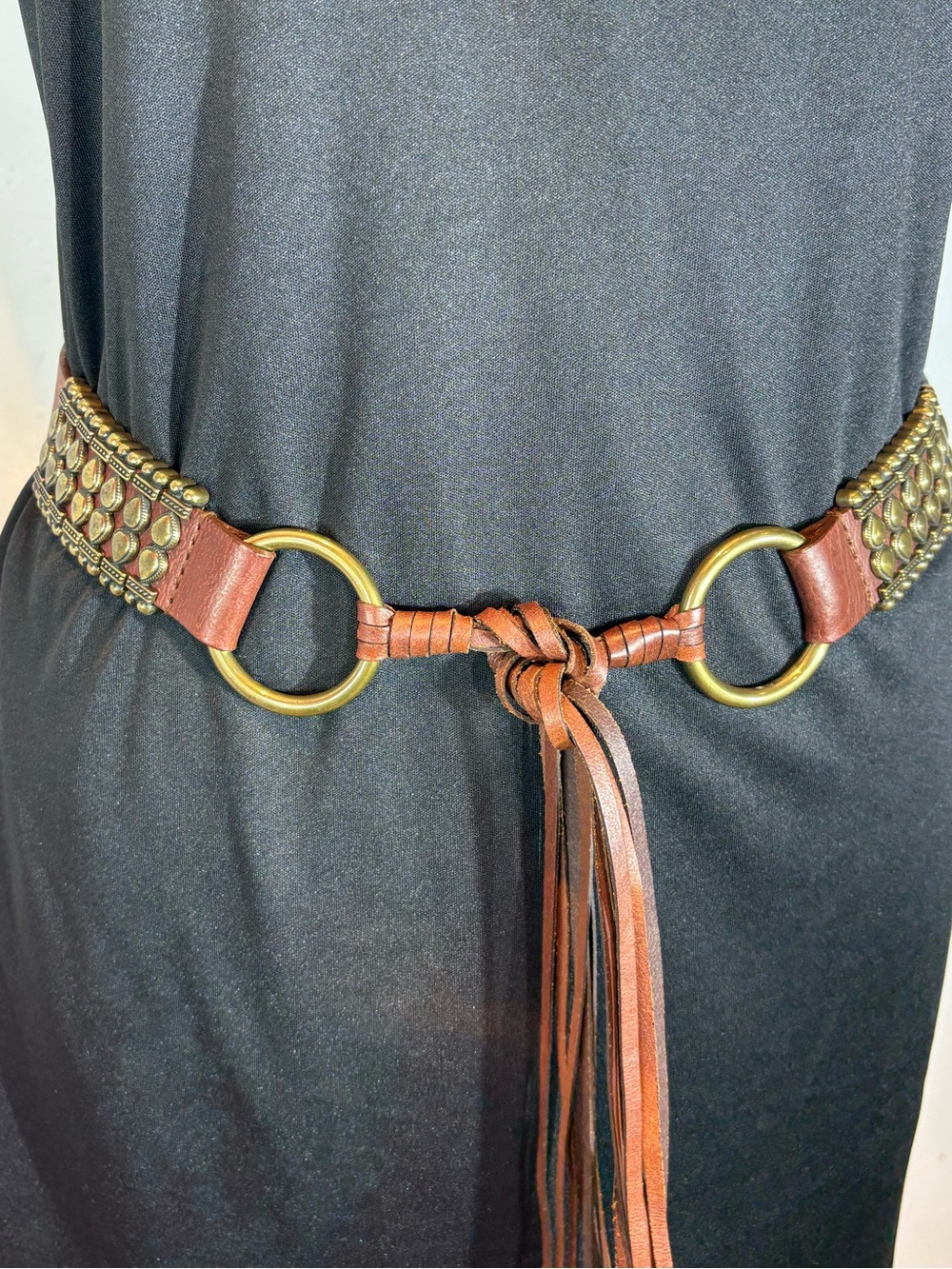 Genuine Leather Brown Tie Belt Brass Tone Details S/M Boho
